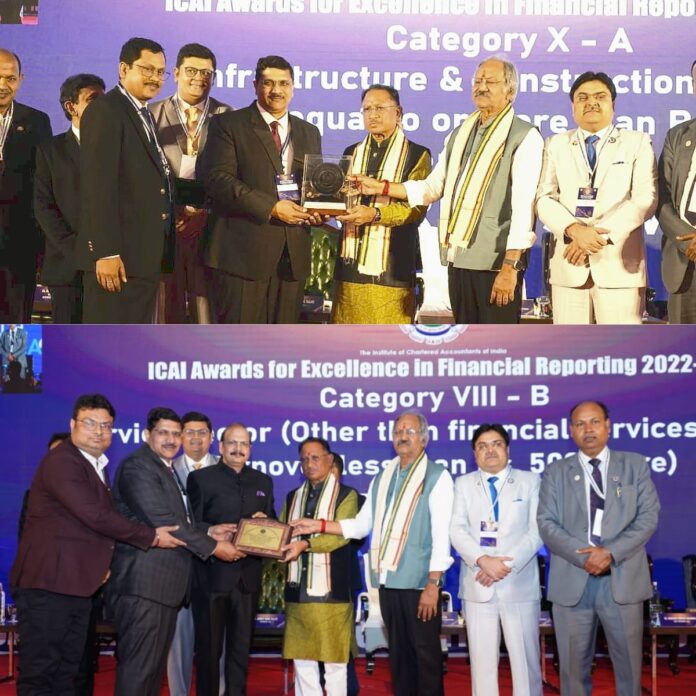 Hon’ble Chief Minister of Chhattisgarh Mr. Vishnu Deo Sai and other dignitaries present the ICAI Award(s) to RITES’ Director (Finance) and Chief Financial Officer Mr. KG Agarwal at a ceremony in Raipur